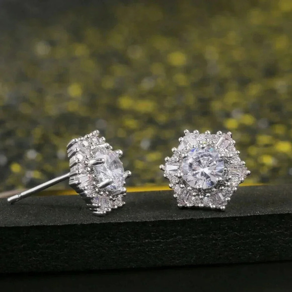 Sterling Silver Diamond Hexagon Halo Stud Earrings - Picture 5 of 10